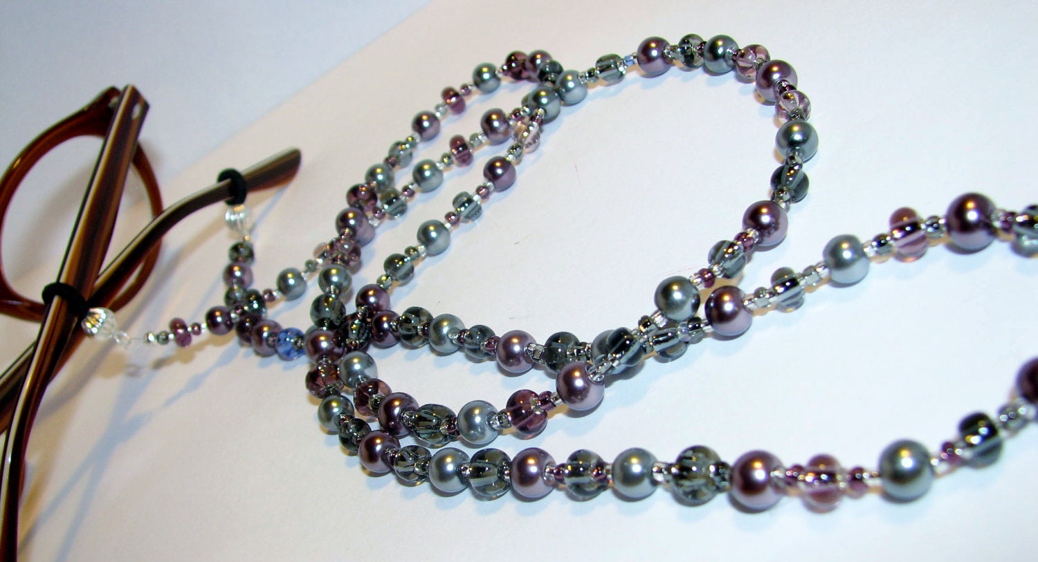 Shades of Gray and Purple Pearls Beaded Eyeglass Chain Office ID Badge Lanyard eyeglass lanyard id eyeglasses chain holder