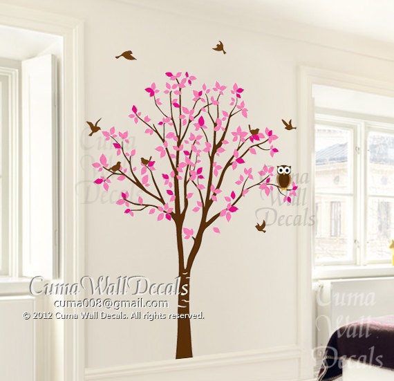 Vinyl wall decals pink tree owl and butterfly Nature Tree Wall mural Nursery wall decal children- tree owl butterfly Z142 Cuma