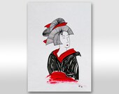 Original Ink Drawing Japan art Japanese Asian painting Geisha Woman Female Girl illustration Kimono Black Red White A4 original drawing