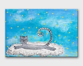 Gray sleeping cat in the blue sky - Funny tiny cat painting on canvas - Hand painted kitty art for nursery decor - Lovely night artwork 4x6