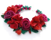 Felted flower necklace/collar- wool, balls, pink,red,rose,nuno felt,silk - AnnaWegg