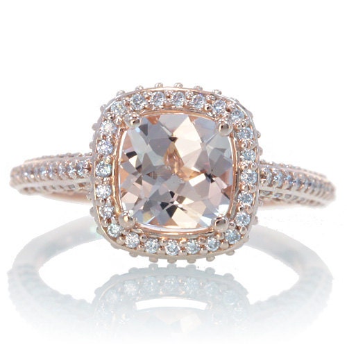 14 Karat Rose Gold Cushion Cut Morganite Diamond Halo Engagement Wedding Anniversary Ring