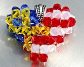 American Flag Floating Necklace, Support Our Troops Ribbon, American Pride Swarovski Crystal Pendant, Red White & Blue with Yellow Ribbon