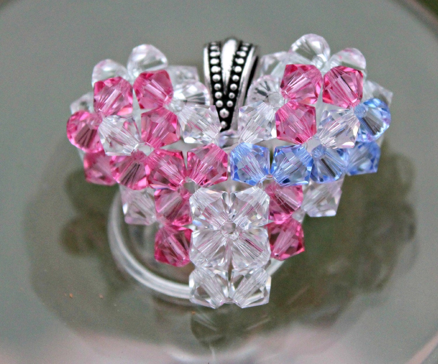 Pink and Pink Blue Ribbon, Swarovski Crystal Awareness Ribbons Heart Charm, Breast and Infertility/Infant Loss/Pregnancy Loss Awareness