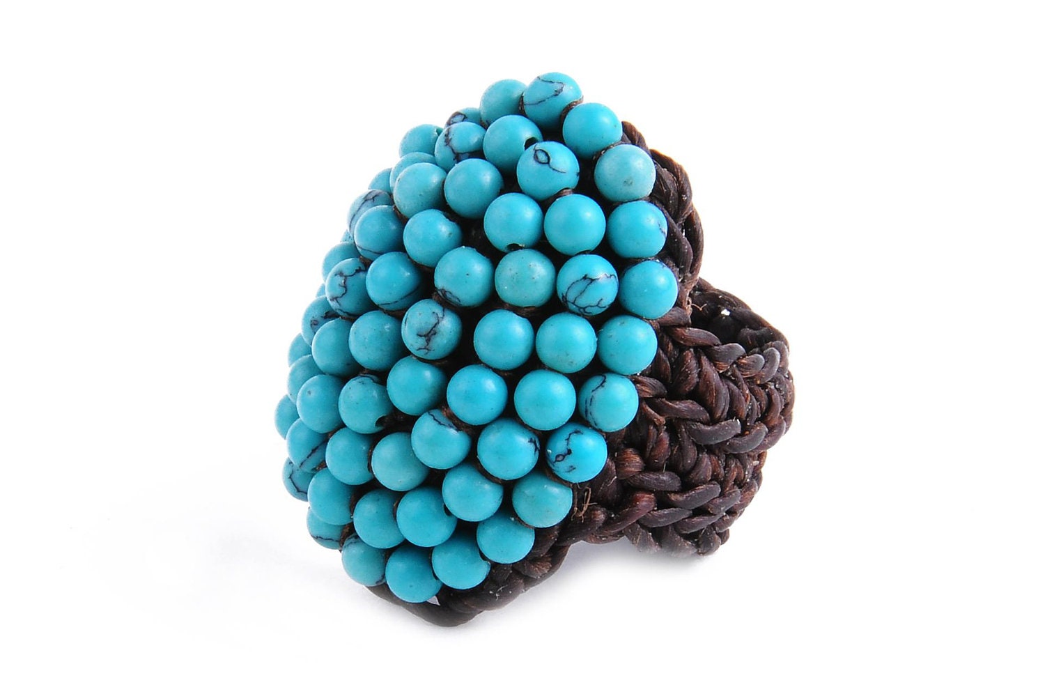 Turquoise Blue Stone Beaded Woven Wax Cord ring