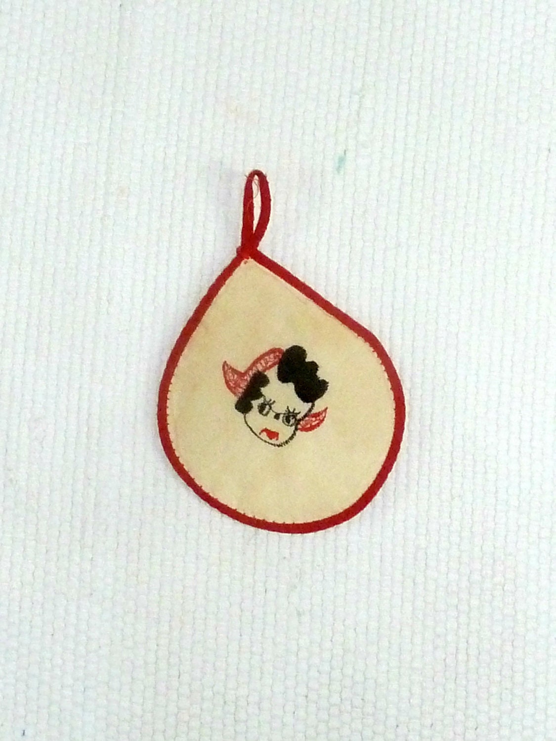 Small Vintage Cloth Pot Holder / Wall Hanging with Hand Stitched Woman