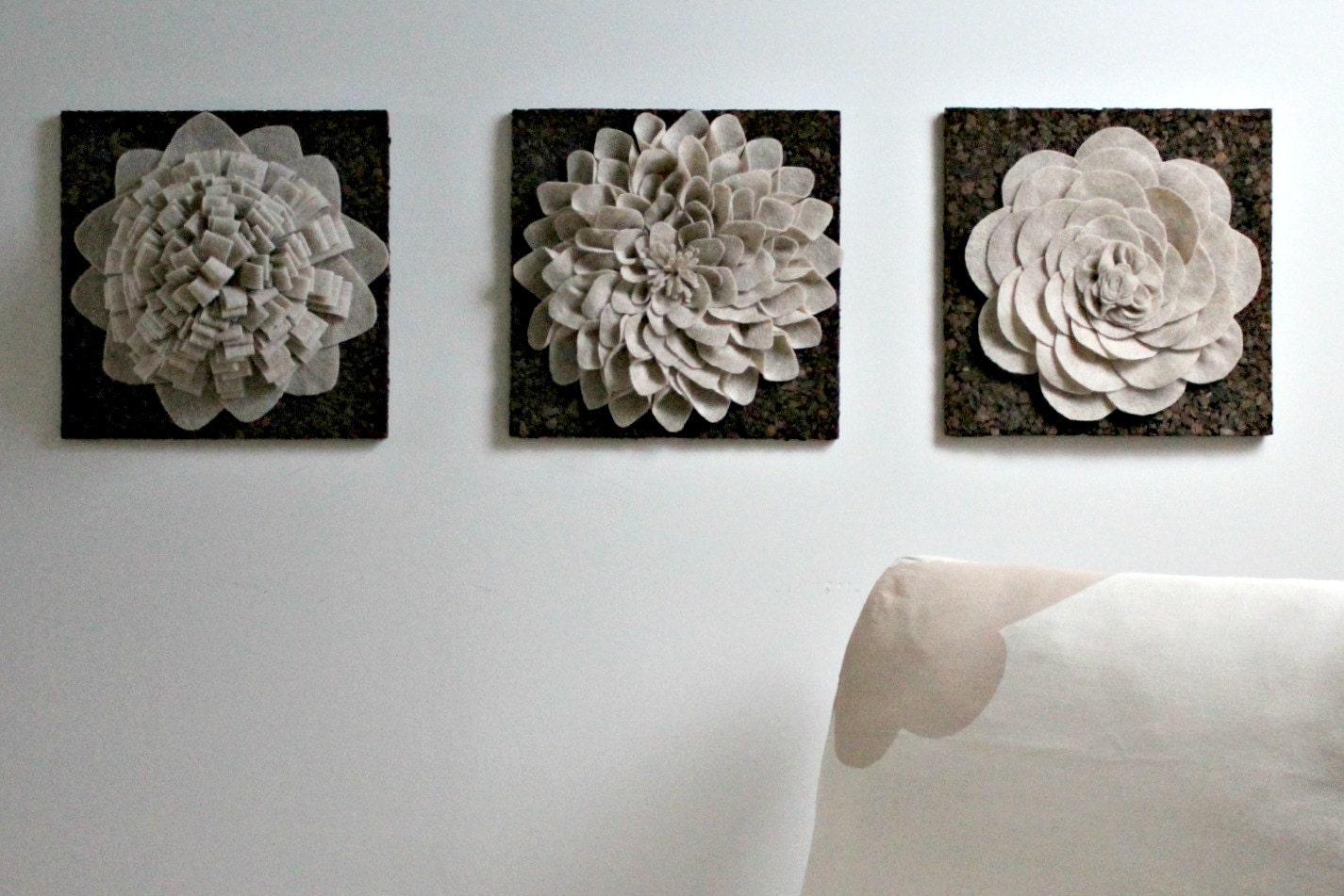 RESERVED FOR JESSICA Brown and Oatmeal Tan Felt Flower on Cork Wall Hanging Decoration