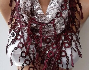 NEW- Mothers Day Gift  Burgundy  Lace Shawl/ Scarf - Headband