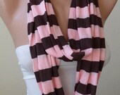 Striped Infinity Scarf - Mother's Day -Salmon Pink and Brown Striped Infinty - Circle -  Loop Scarf - Combed Cotton Fabric