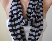 Mother's Day Gift - Gray and Black Striped Infinty - Circle -  Loop Scarf - Combed Cotton Fabric