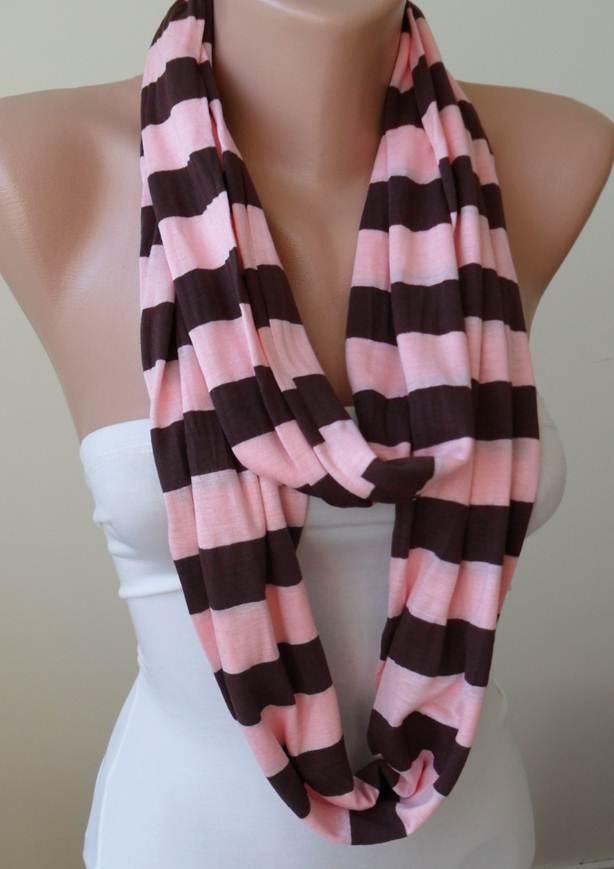 Striped Infinity Scarf - Mother's Day -Salmon Pink and Brown Striped Infinty - Circle -  Loop Scarf - Combed Cotton Fabric