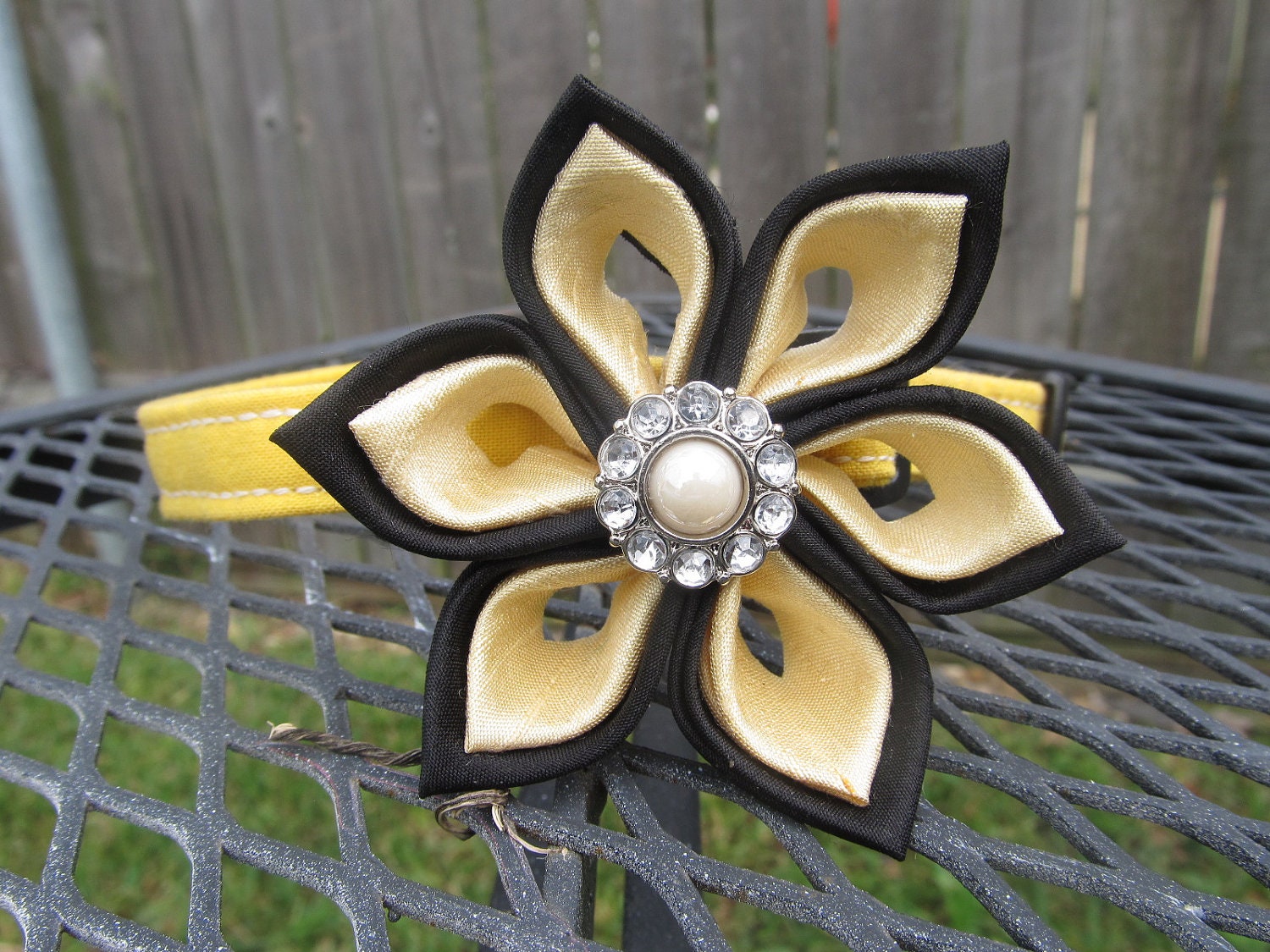 Dog Collar and Flower - MADE TO ORDER Yellow Collar and Black and Yellow Silk Kanzashi Flower
