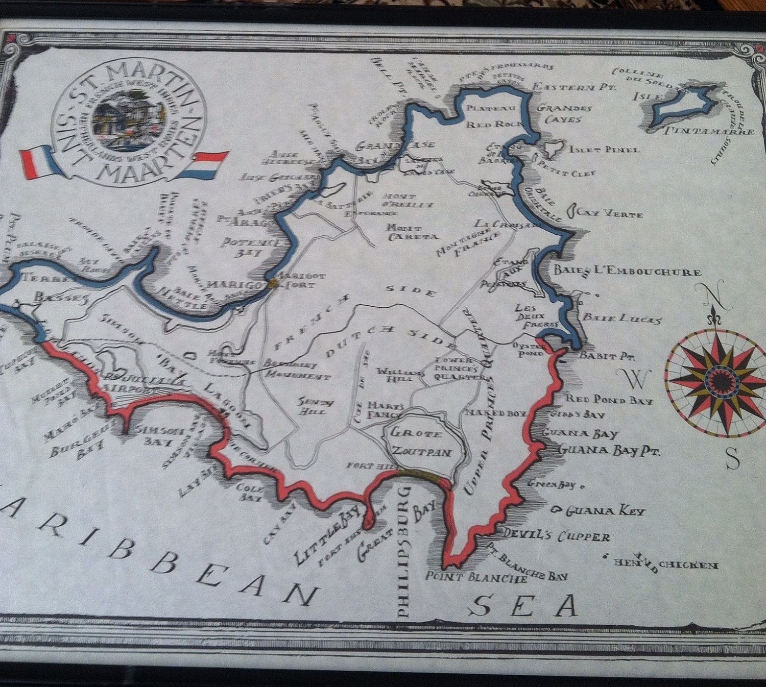 St. Martin Sint Maarten French West Indies Souvenir Map 1970