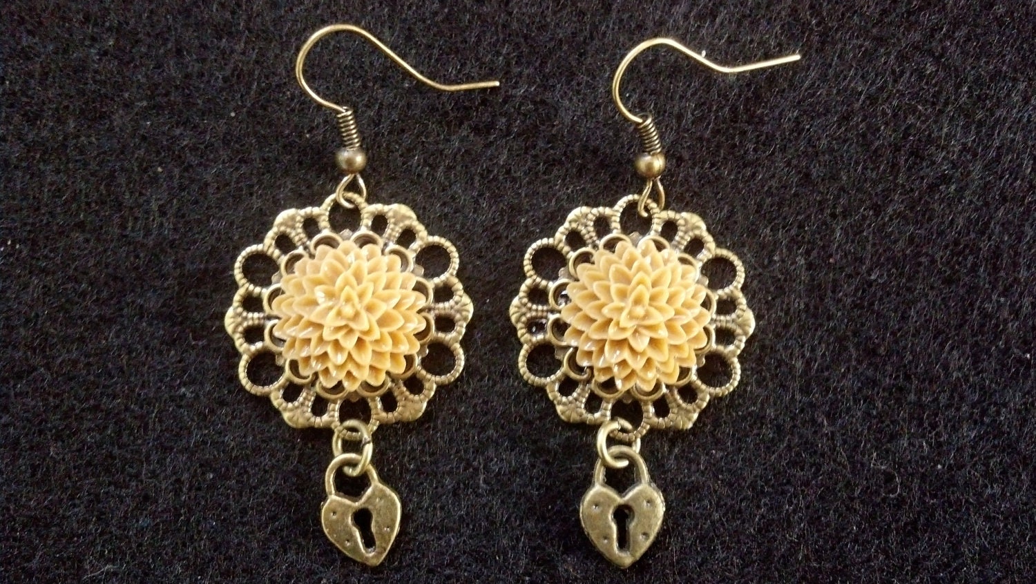 Tan Chrysanthemum Mum Earrings Antique Bronze Heart Lock Charms French Hooks Dangle Vintage Shabby Chic