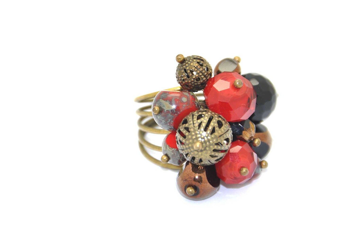 Beautiful dangle ring made with Red and black faceted czech Picasso crystal beads, red,  black crystals and antique brass filigree beads - BBTAR