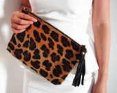 Cheetah Leopard Print Calf Hair Zipper Pouch Leather Clutch
