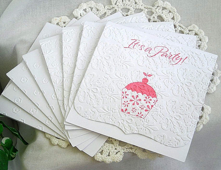 Birthday Invitation Cards, Embossed, Paper lace, Shabby Chic, Party, Celebration, Handmade 8 Card Set with Stamped Envelopes