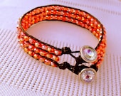 Woven Black Leather Cuff Bracelet with Sparkly Orange Glass Beads