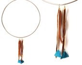 Recycled Tan and Teal Leather Fringe and Triangle Earrings ON SALE NOW