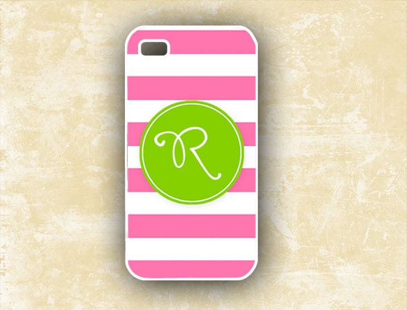 Personalized iPhone cover - Cabana stripe, Hot pink and lime green monogrammed - Iphone 5 case, silicone or plastic Iphone 4 case (9785)