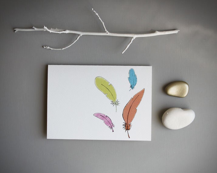 feather note card . neon feather notecard . feather stationery .  tribal . blank card . pink orange yellow aqua . feather card .