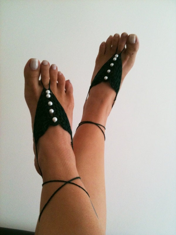 Dark green  crochet with white beads  Barefoot Sandals, Nude shoes, Foot jewelry, Wedding, Victorian Lace, Sexy, Lolita, Yoga, Anklet
