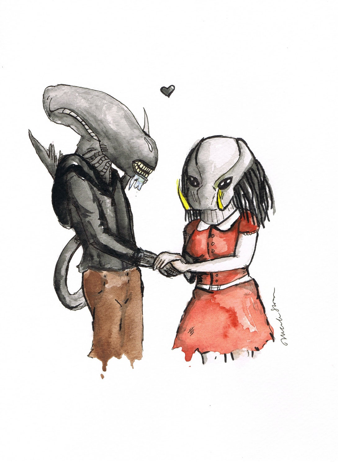 Alien Loves Predator, 8.5 x 11 inch inkjet print art painting Valentine's Day