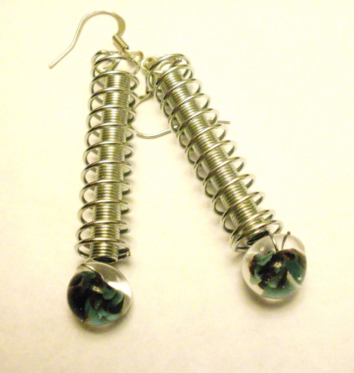 Steel Spring and Blue & Black Lampwork Unicorne Earrings