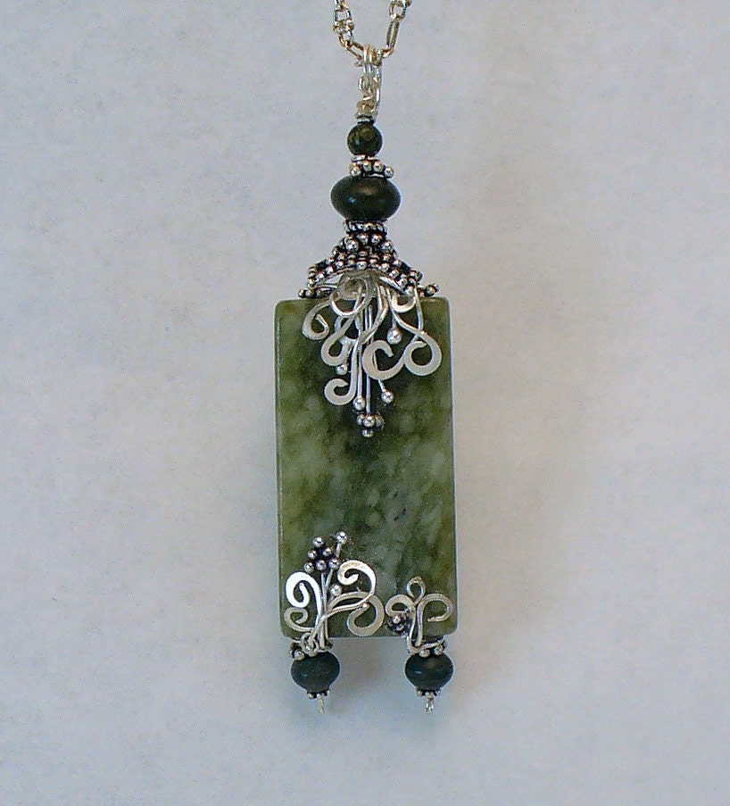 Jade and Fine Silver Pendant Necklace with Sterling Silver and Jasper