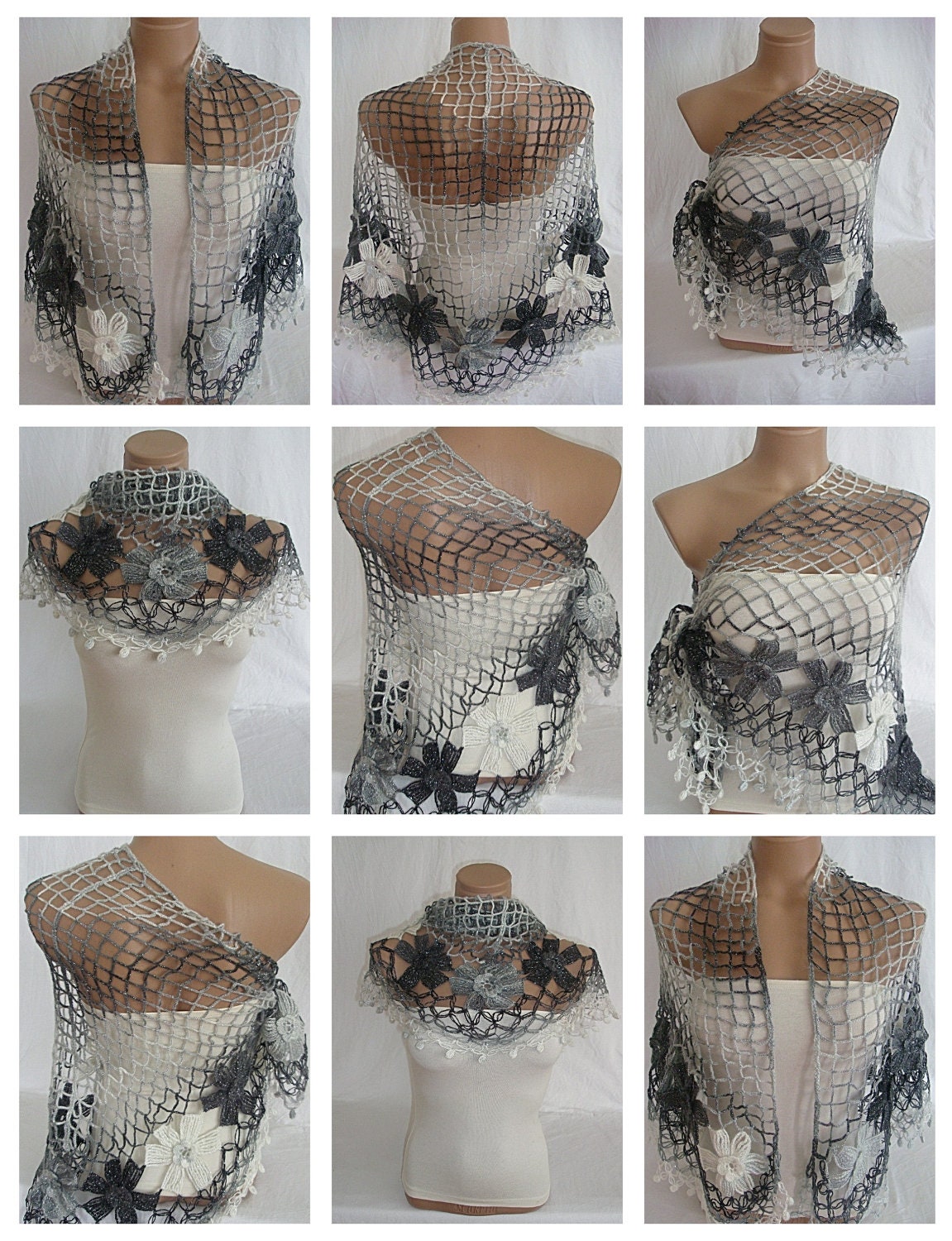 Crocheted gray, white, silver triangle Shawl, Scarf, Christmas,Gift by Arzu's Style