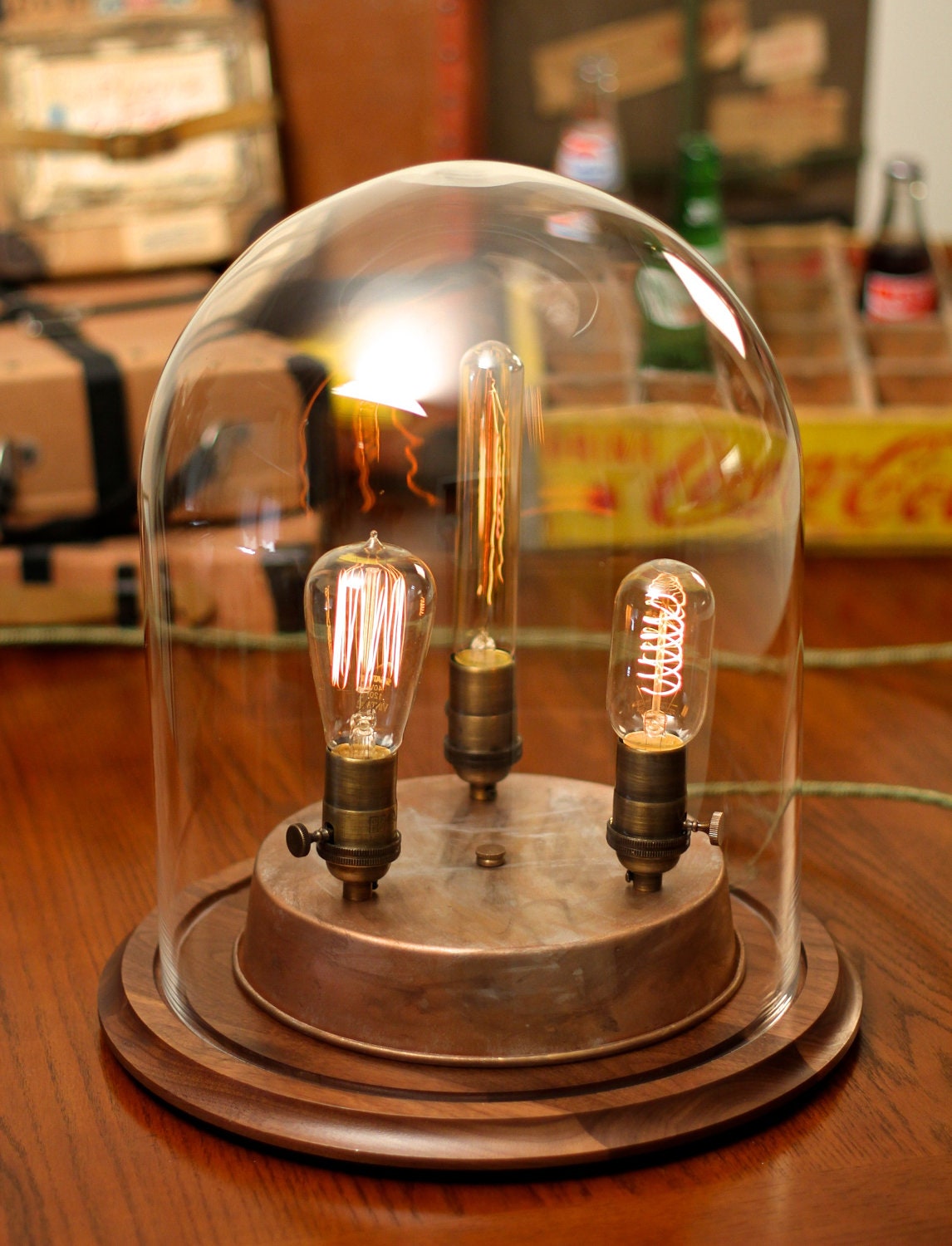Edison Lamp, Vintage bell jar table lamp, industrial lamp, edison bulb, steampunk lamp, antique