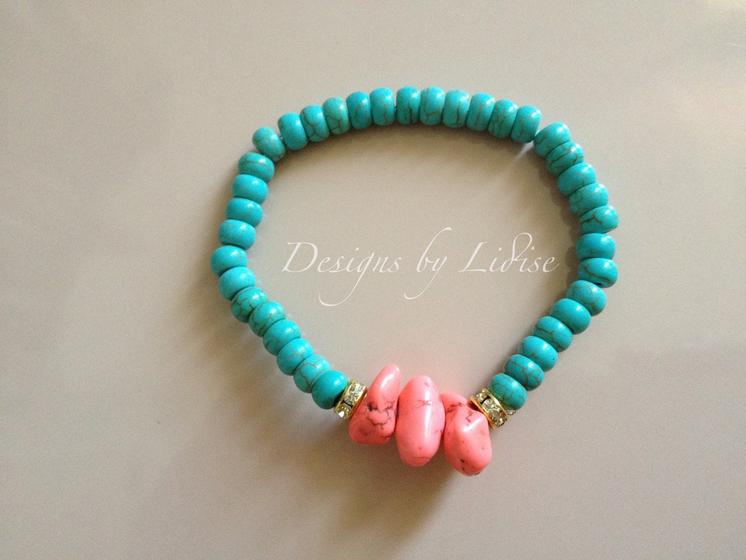 Handmade Turquoise Magnesite Rondelle Peach Pink Coral Nugget Beaded Bracelet