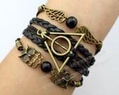 antique silvery bronze potter deathly hallows bracelet lover owl bracelet wings bracelet pearl friendship charm bracelet -N1617