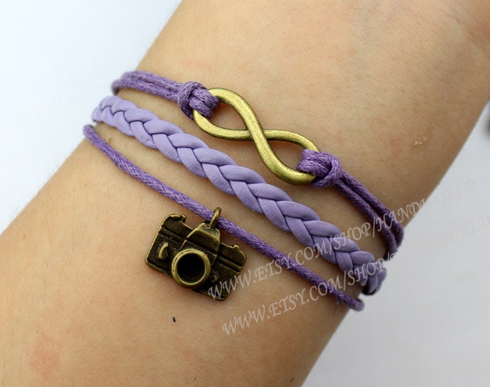 charm bracelet antique bronze infinity karma bracelet camera bracelet purple leather braid bracelet best gift for friend-N1619