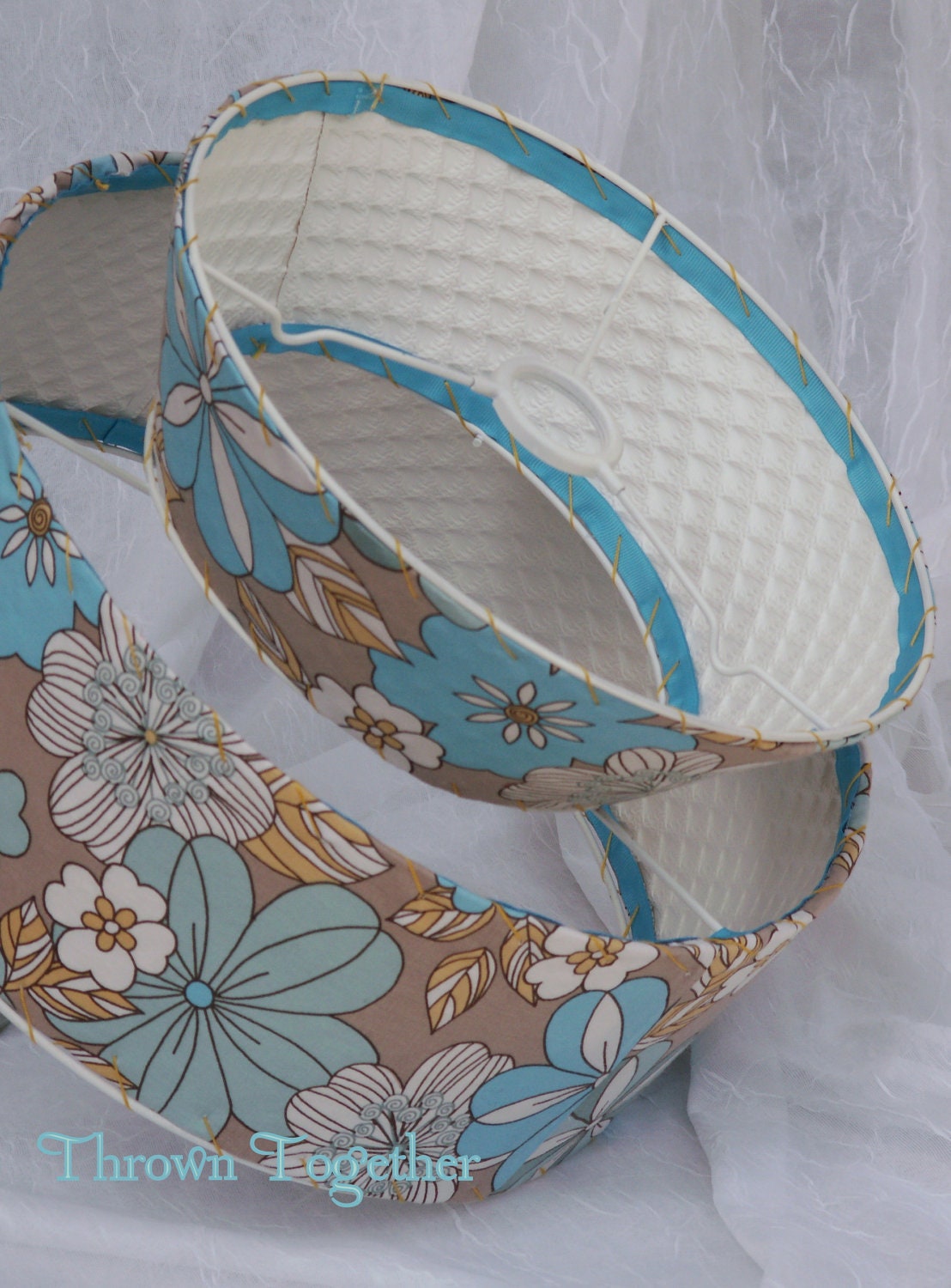 Vintage Inspired "Upcycled"  Hanging Lamp Shade -Retro Print- Aqua, Yellow, White, Khaki