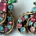 CLAUDETTE Rhinestone Earrings Signed 1950s Rare Collectable Jewelry Antiqued Gold Scrollwork Pink Green Blue