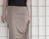 Long Maxi Skirt - creamy brown bamboo jersey, bohemian tiered high waisted style - large and custom sizing available - murmuration