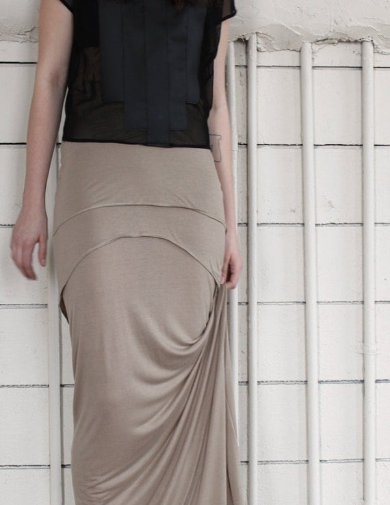 Long Maxi Skirt - camel brown bamboo jersey high waisted style, bohemian fashion boho hippie - large