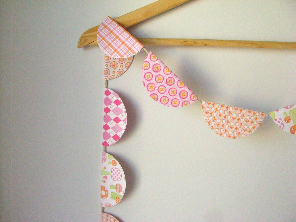 pink orange paper garland, bunting nursery garland, scalloped kids room decor