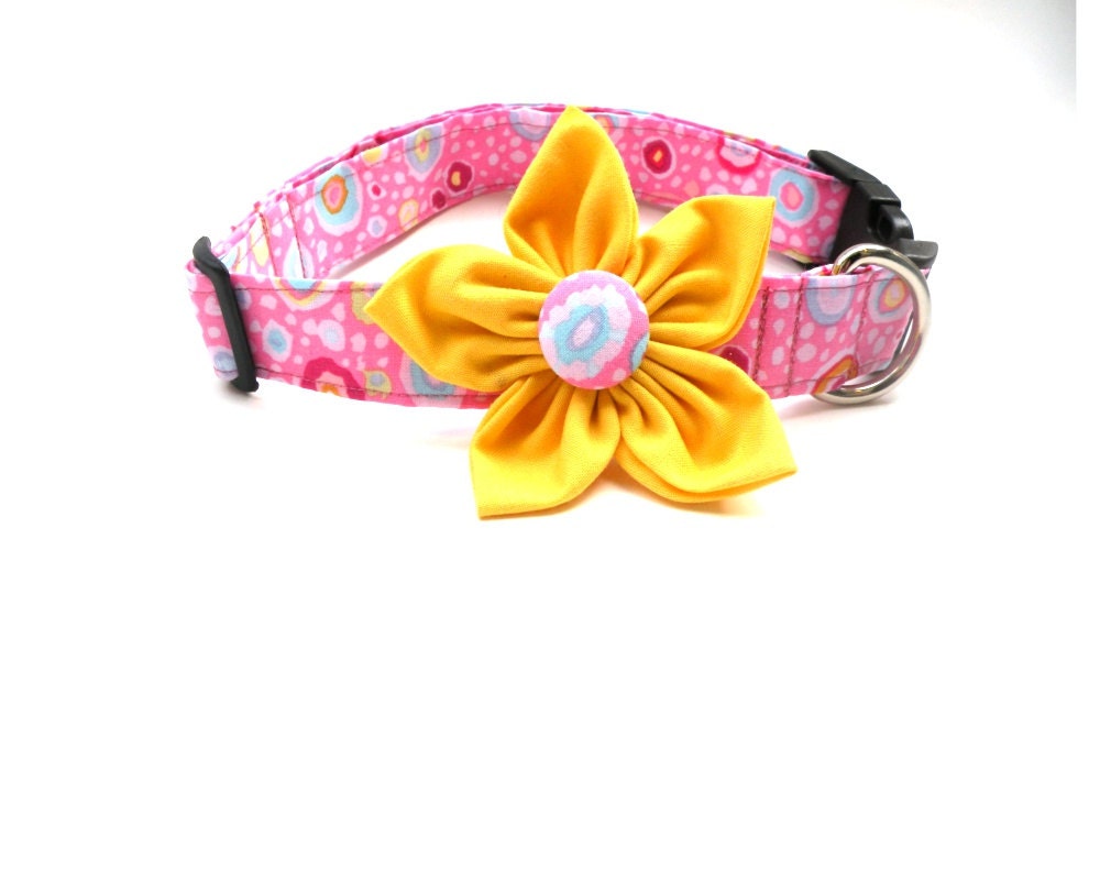 Large Pink Dog Collar with Yellow Flower Attachment