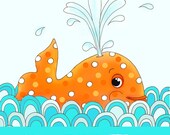 Custom name art, Orange Whale Aqua Ocean, Kids Wall Art Childrens Room Decor 11x14 nautical print