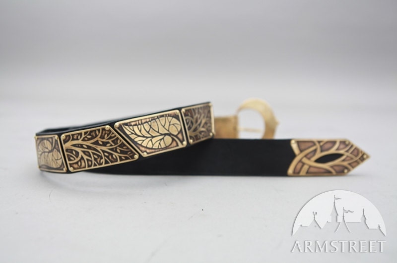 Elven Fantasy Medieval Style Leather Belt with Etched Brass Accents ren sca