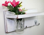 Vintage shelf 2 key hooks with floral wall vase, wood, distressed, sconce, shabby chic, home decor, country style, painted Vintage White