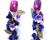 Trendy Summer Polymer Clay Long Dangle Earrings "Lilac Bloom" With Natural Agate Beads