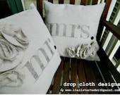 Mr. & Mrs. Rosette Drop Cloth Pillow Set (inserts included) - 14 x 14