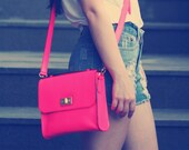 Cross Body Leather Bag in Snake Pattern Neon Red