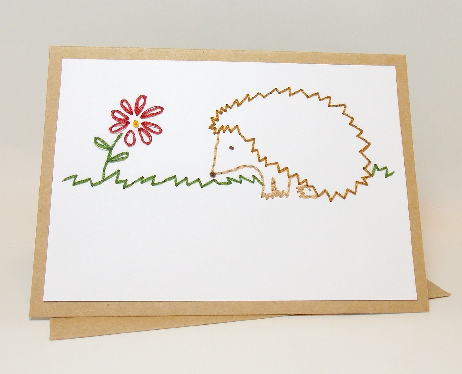 Hedgehog Greeting Card Choose your Message Birthday Customizable Hand Embroidered Red Flower