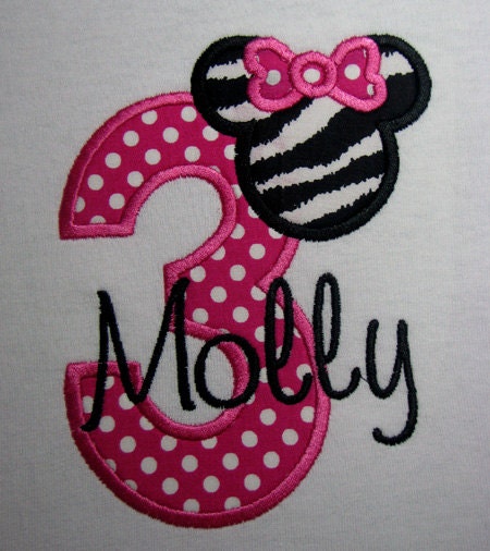 Personalized Third Birthday Minnie Mouse Shirt in Hot Pink Polka Dots and Zebra Print.  SHORT SLEEVES