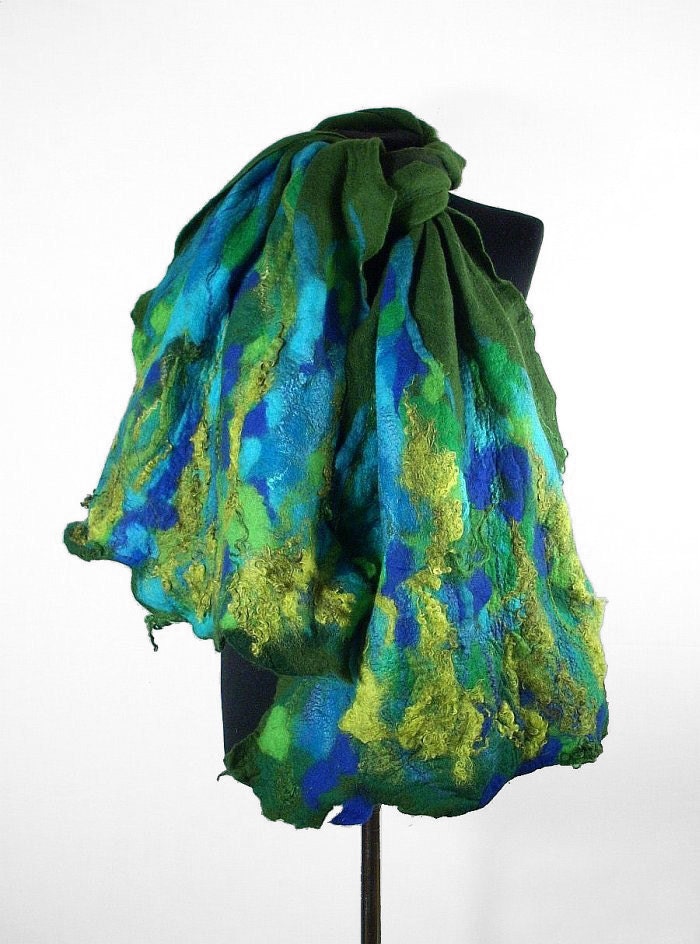 Felted Scarf  GREEN SCARF Wrap Felt Scarves Felt Nunofelt Nuno felt Silk Silkyfelted Eco olive sea cobalt multicolor shawl Fiber Art