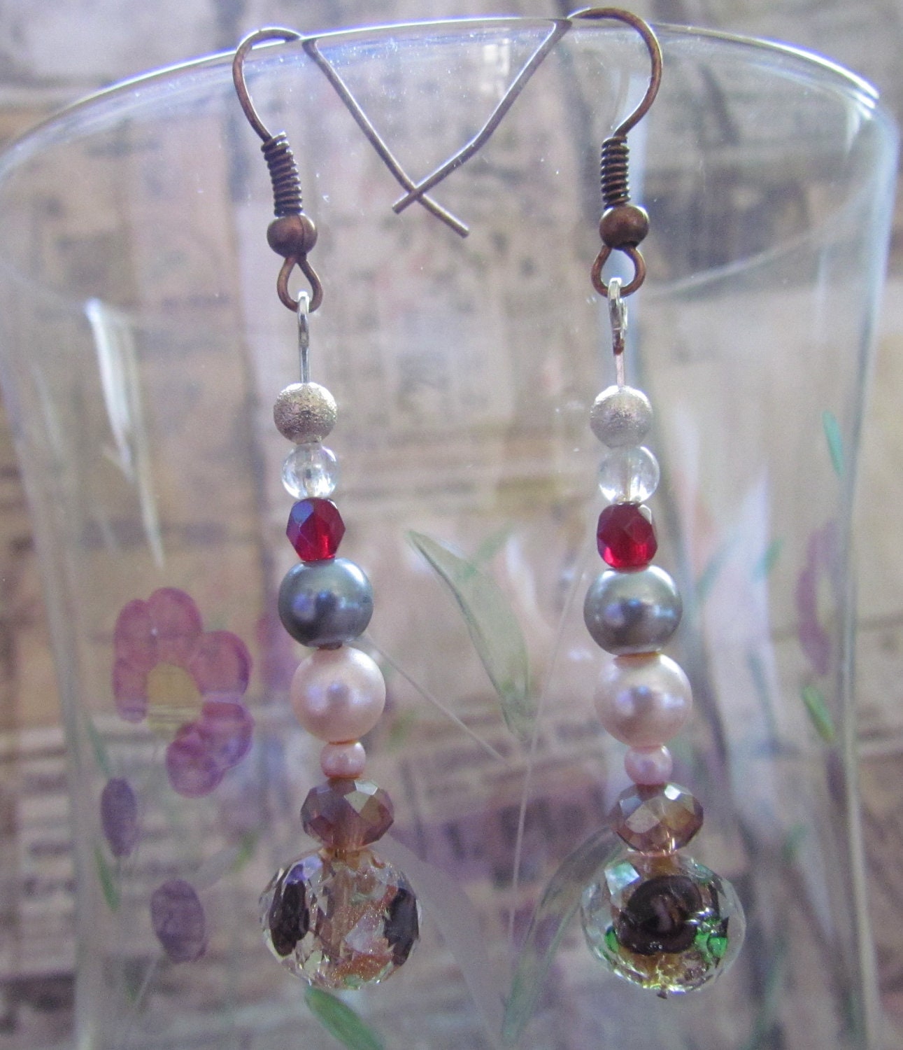 Beautiful Beaded Earrings with 8 Beads including One Crystal Bead with Purple Flower